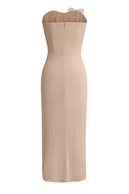 Mesh Rhinestone Stand Collar Midi Dress