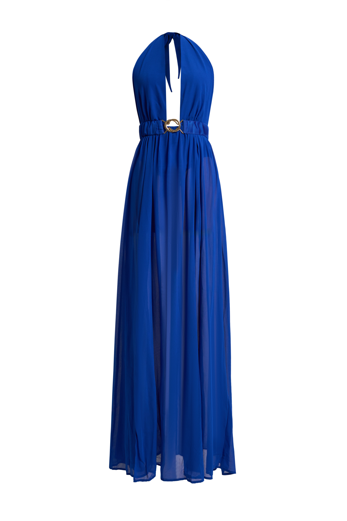 Chiffon Halter Neck Slit Maxi Dress With Belt