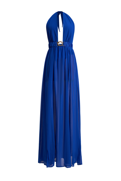 Chiffon Halter Neck Slit Maxi Dress With Belt