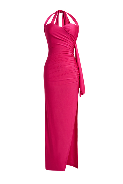 Solid Halter Neck Slit Midi Dress
