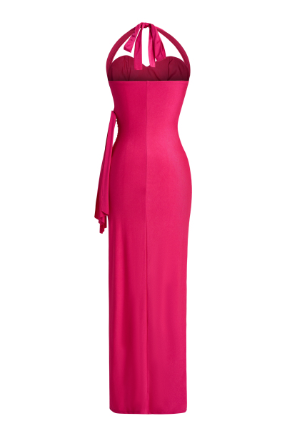 Solid Halter Neck Slit Midi Dress