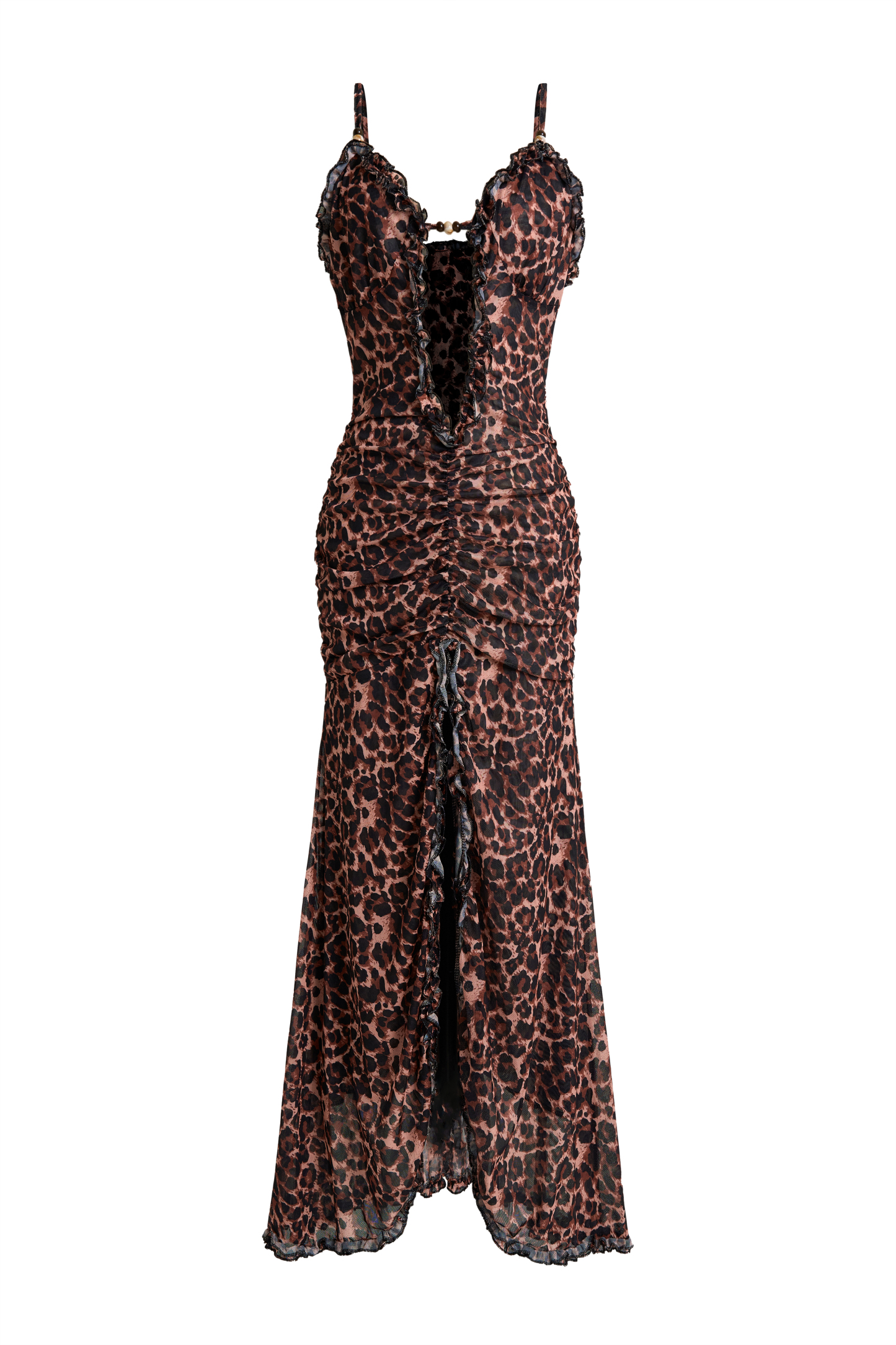 Mesh Leopard Print  Frill Maxi Dress