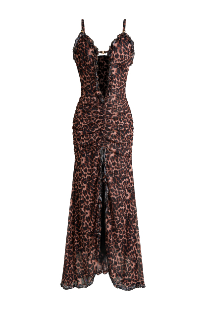Mesh Leopard Print  Frill Maxi Dress