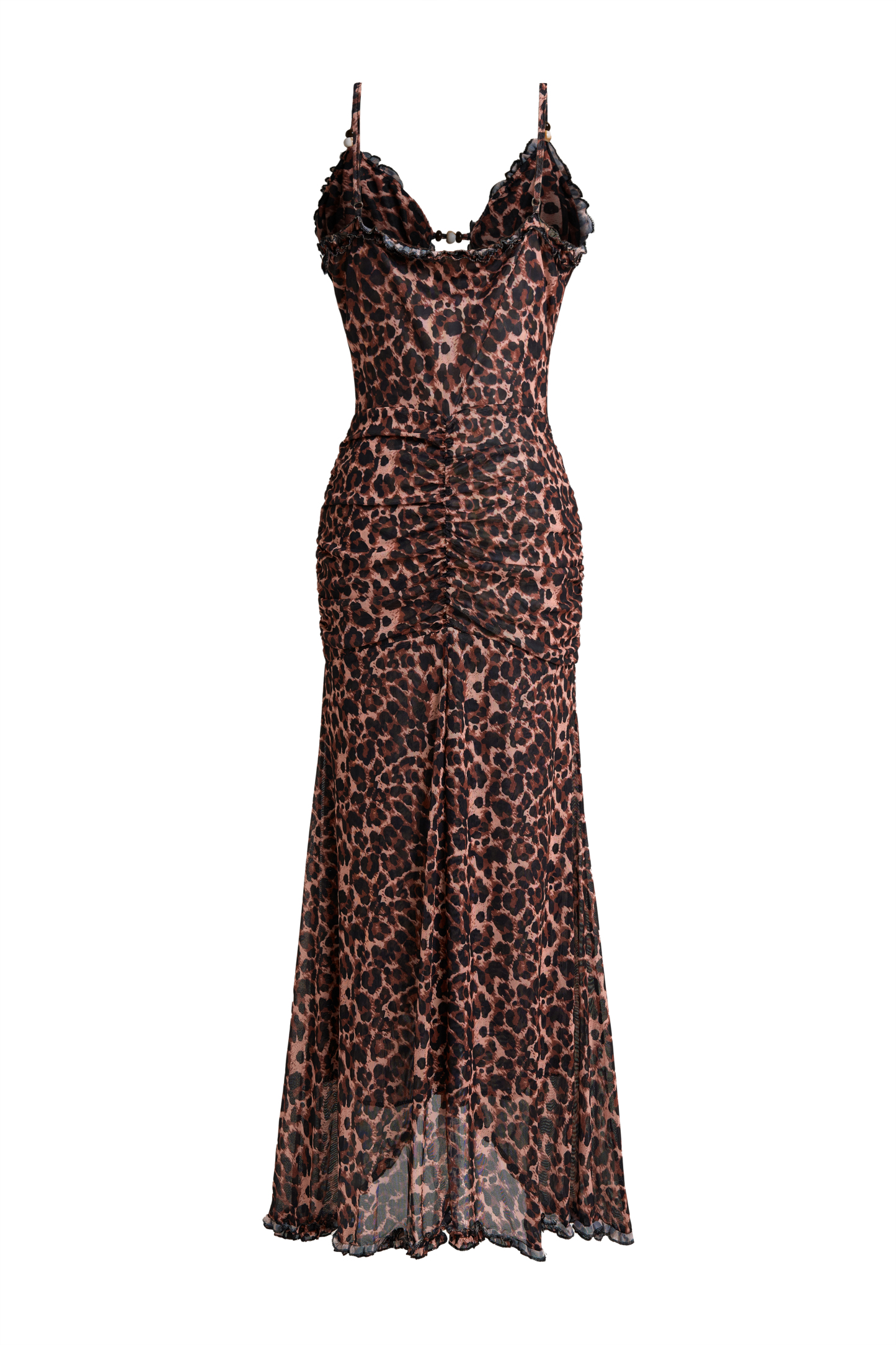 Mesh Leopard Print  Frill Maxi Dress