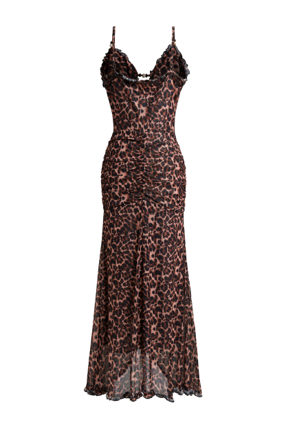 Mesh Leopard Print  Frill Maxi Dress