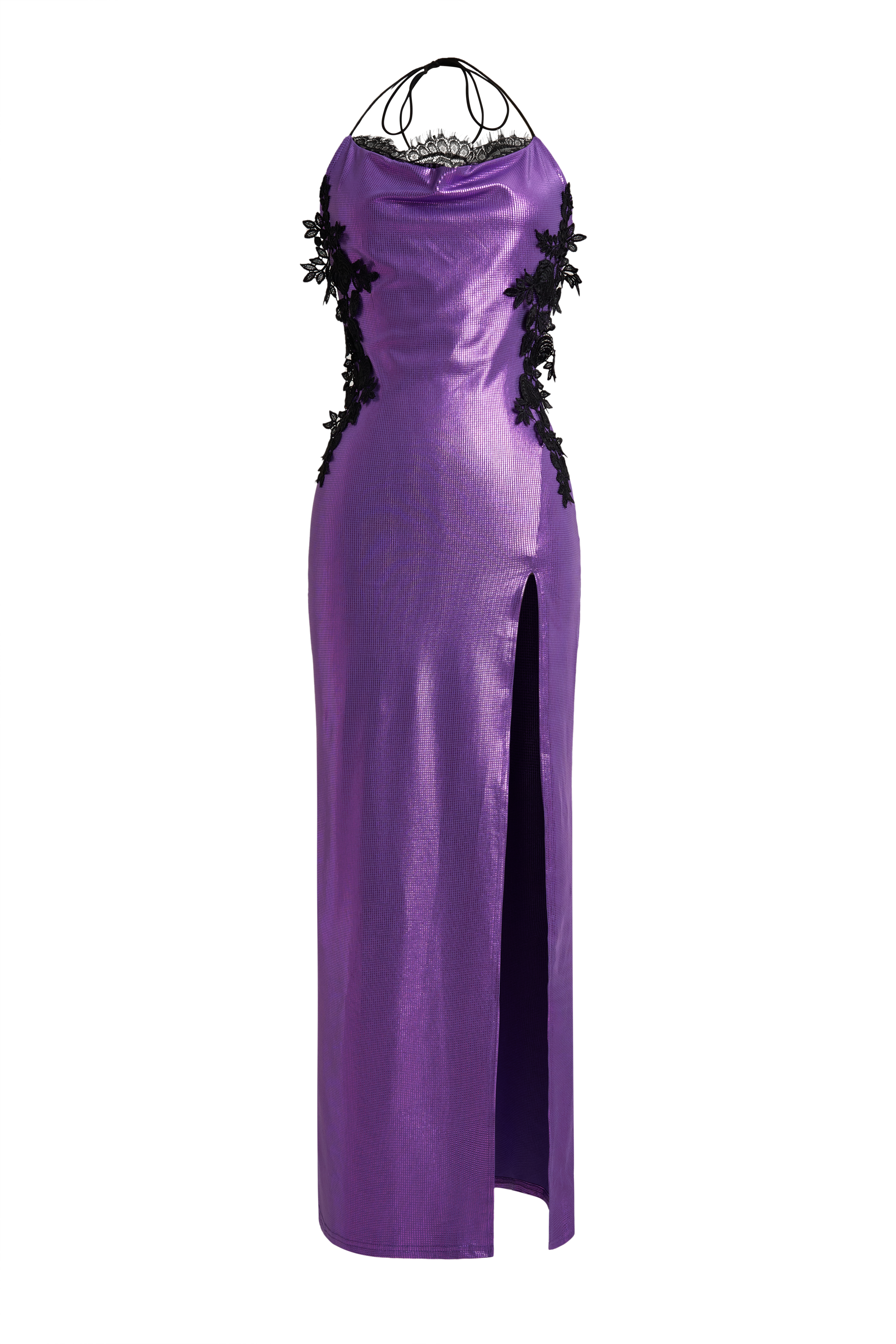 Metallic Fabric Lace Halter Neck Maxi Dress