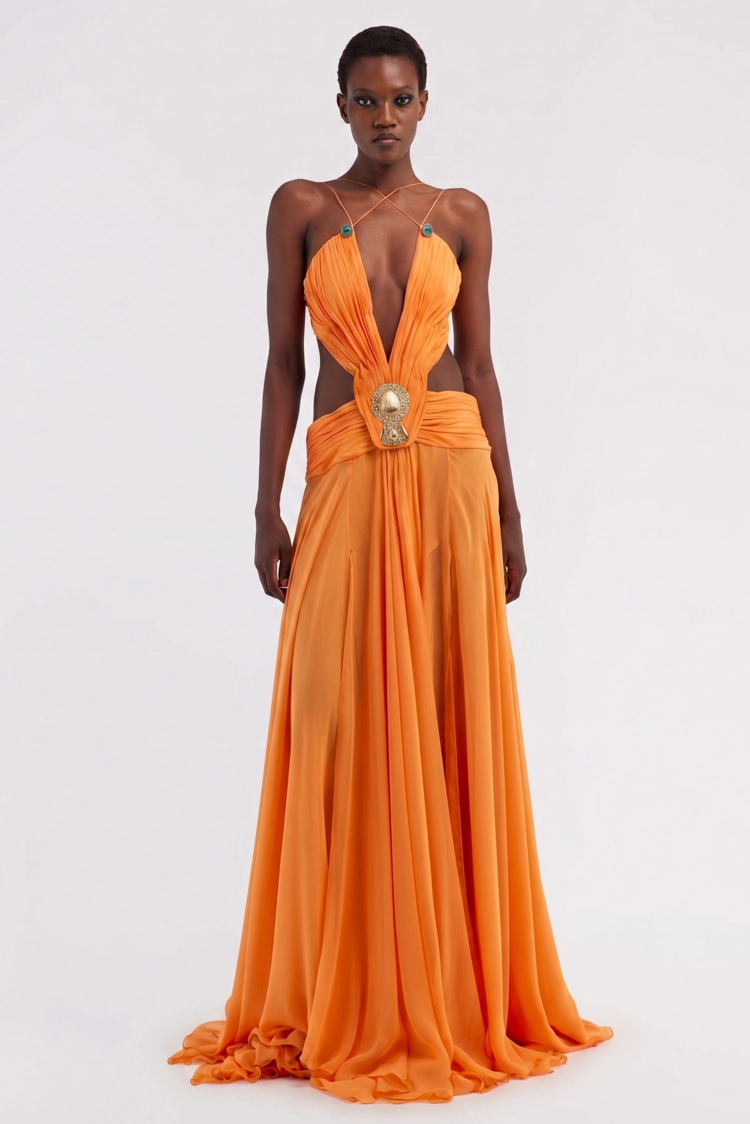 Chiffon Cut-Out Gathering Maxi Dress