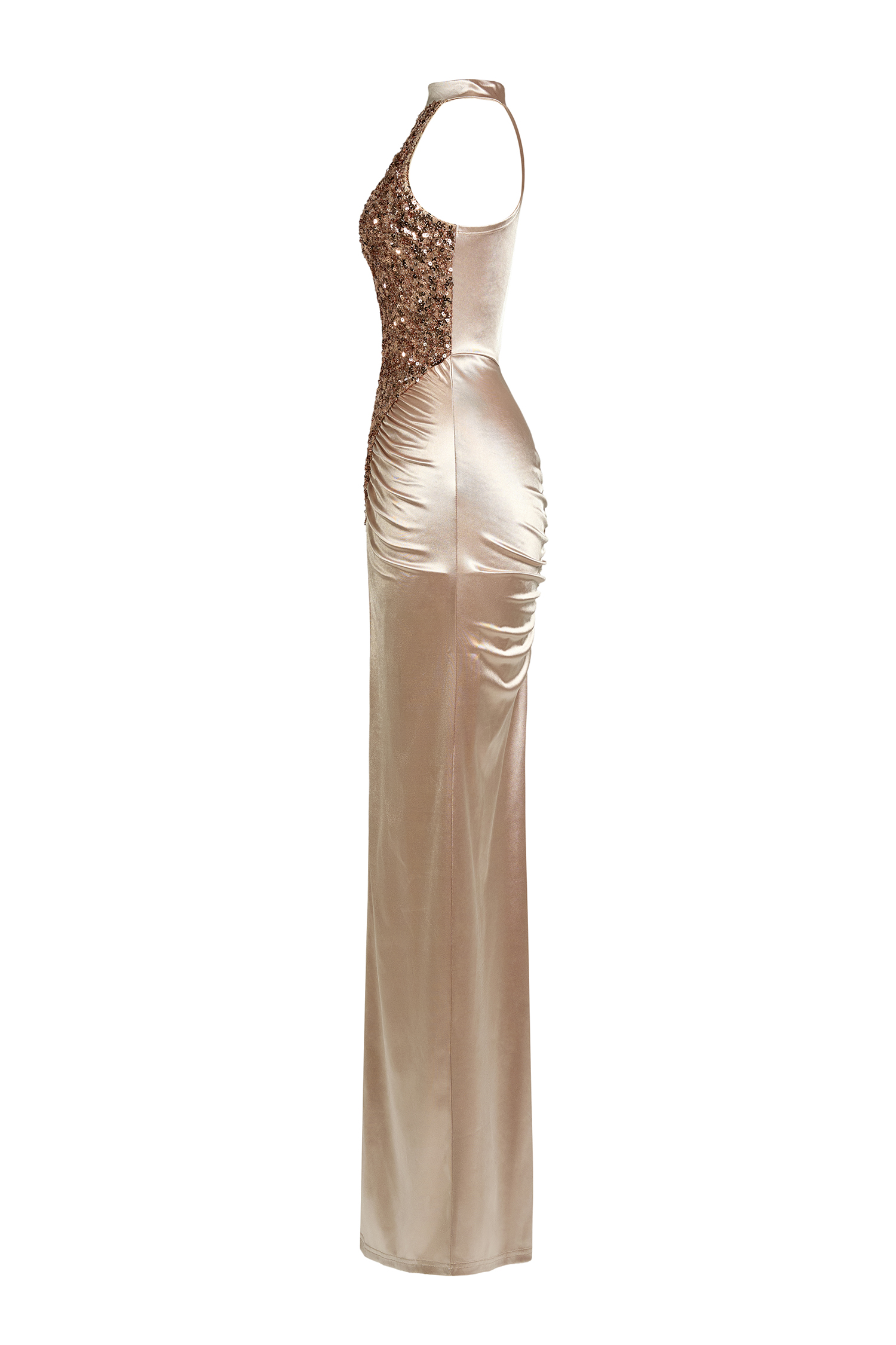 Sequin Splicing Satin Gathering Sleeveless Maxi Dress
