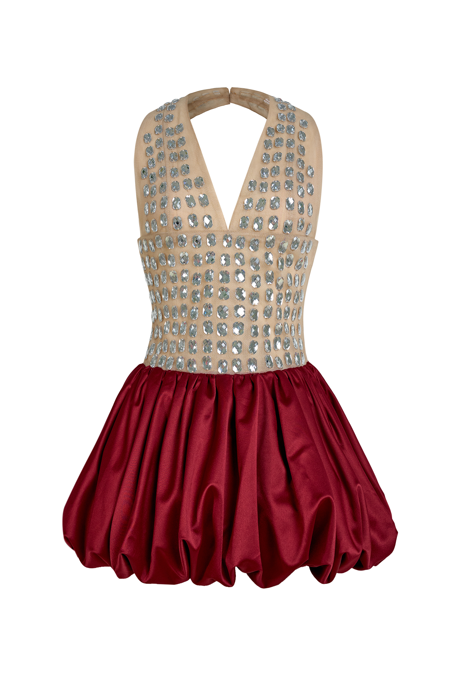Satin Rhinestone Rivets Halter Neck Mini Dress