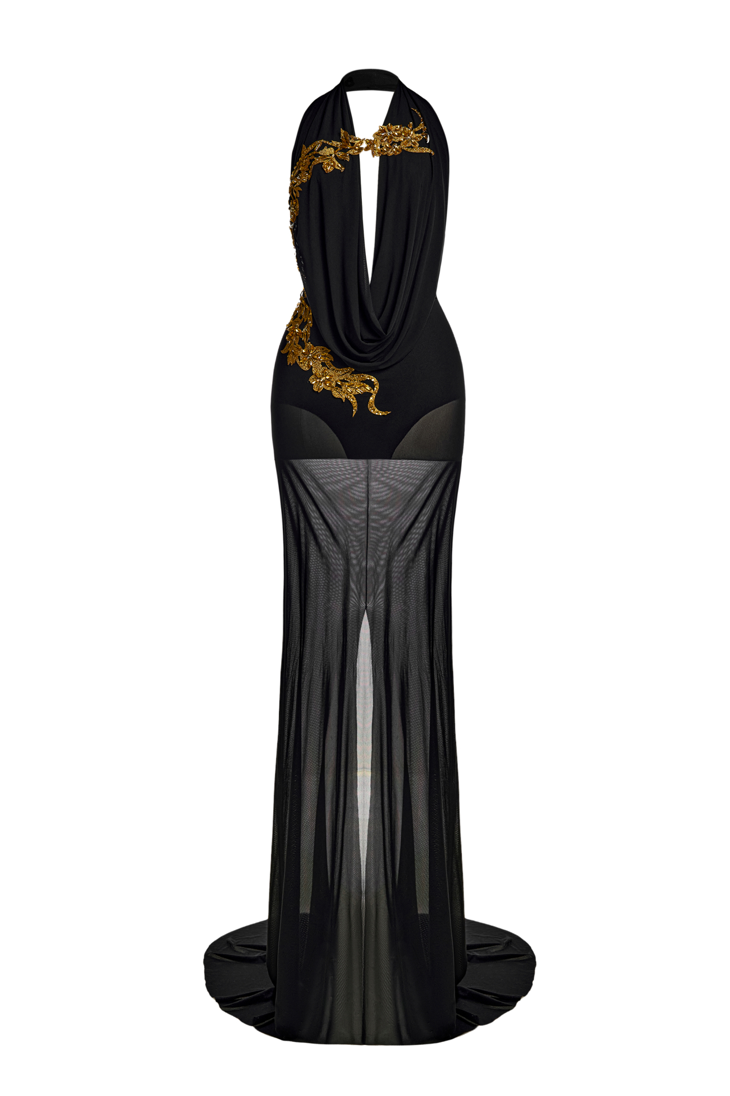 Mesh See-Through Rhinestone Maxi Dress