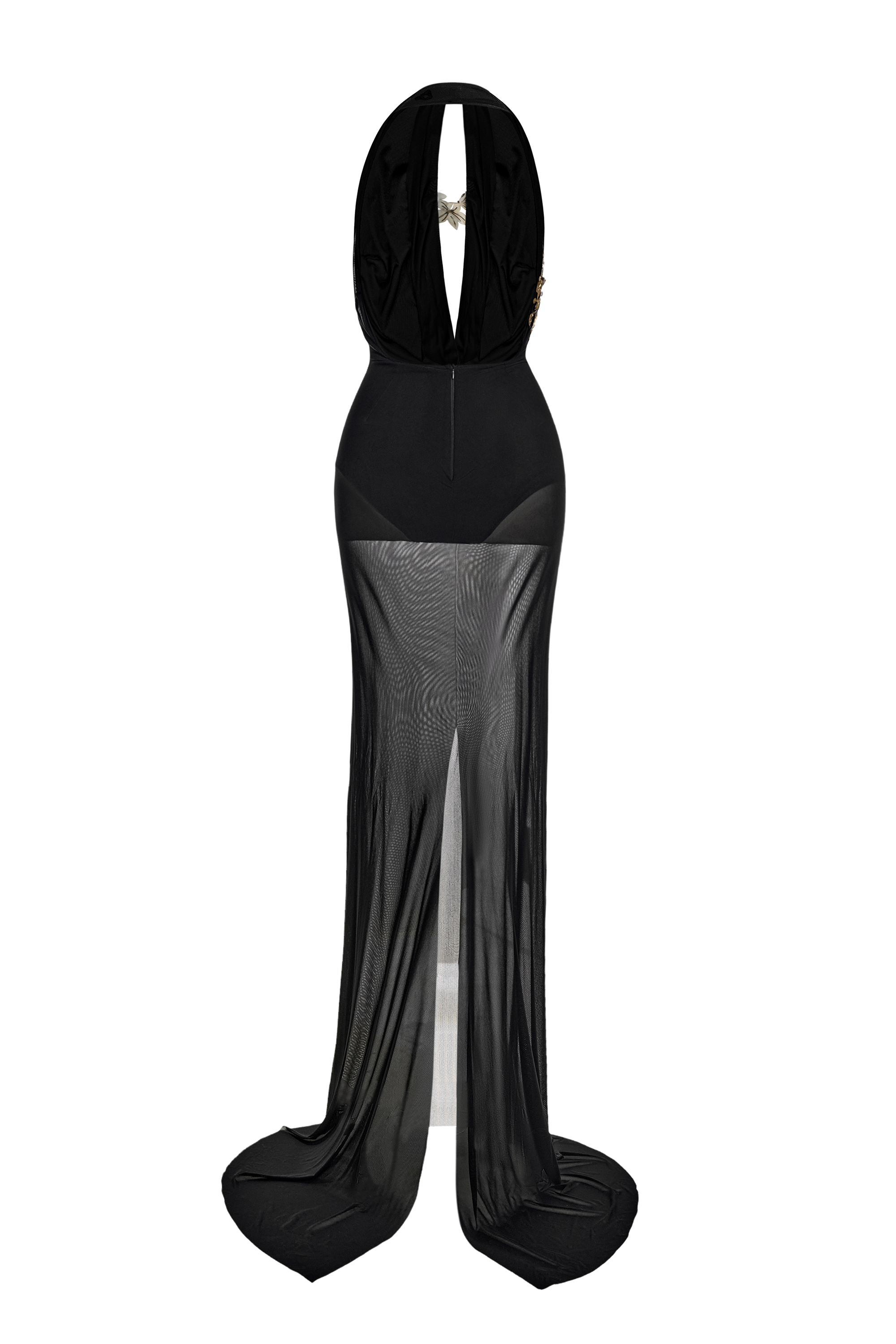 Mesh See-Through Rhinestone Maxi Dress