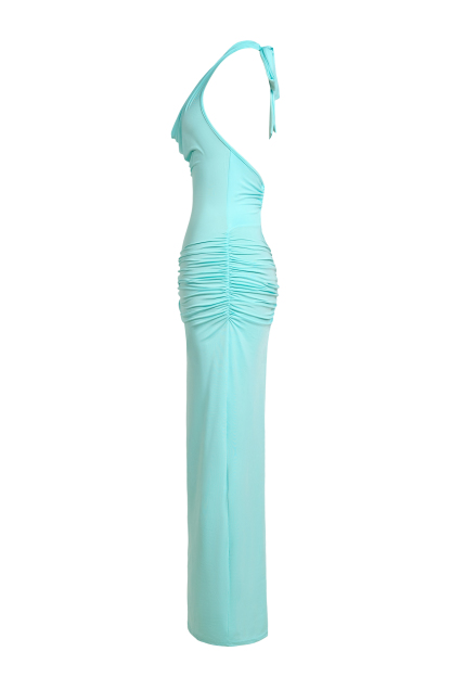 Halter Neck Swing Collar Ruched Maxi Dress