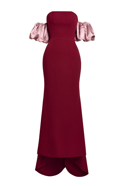 Contrast Color Off Shoulder Puff Sleeve Maxi Dress
