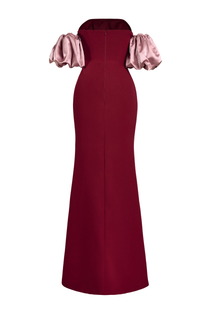 Contrast Color Off Shoulder Puff Sleeve Maxi Dress