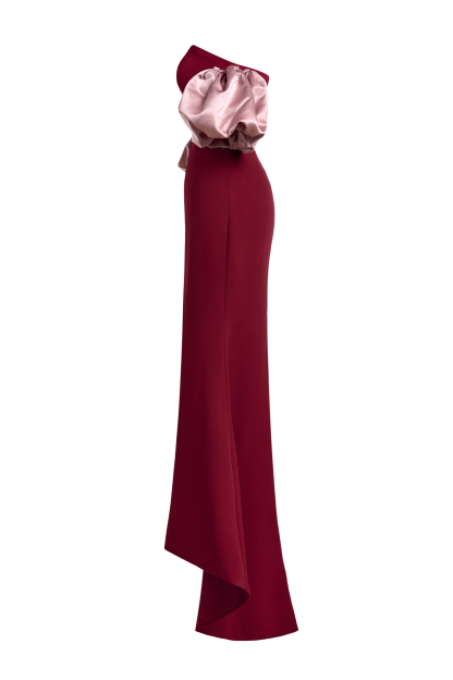 Contrast Color Off Shoulder Puff Sleeve Maxi Dress