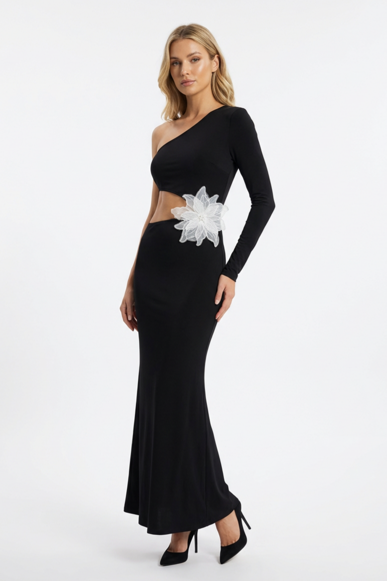 Jersey 3D Flower One-Shoulder Maxi Dress