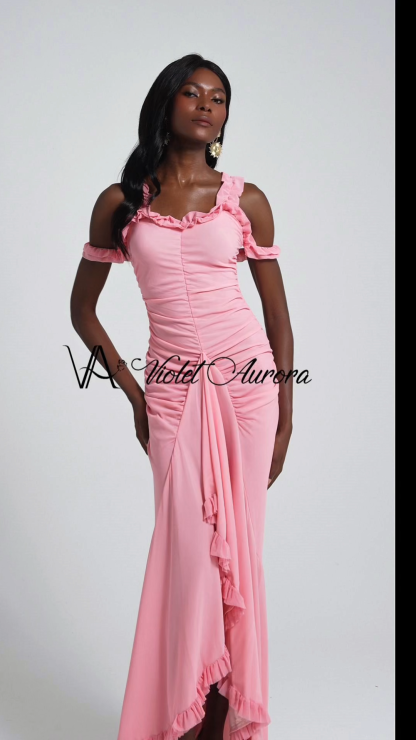Mesh Ruffle Gathering Maxi Dress