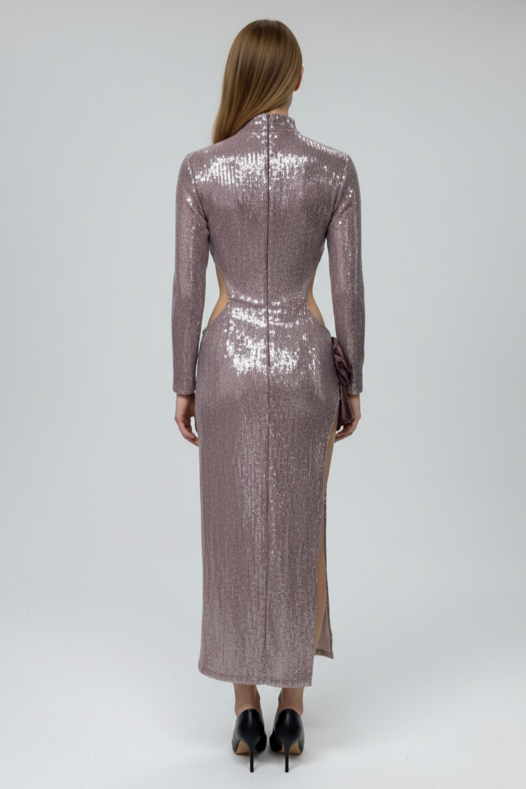 Sequin Cut-Out Long Sleeve Midi Dress