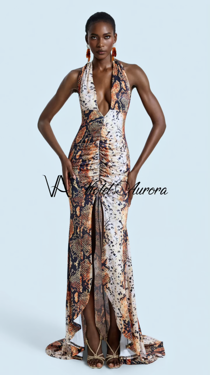 Snake Print V-Neck Slit Maxi Dress