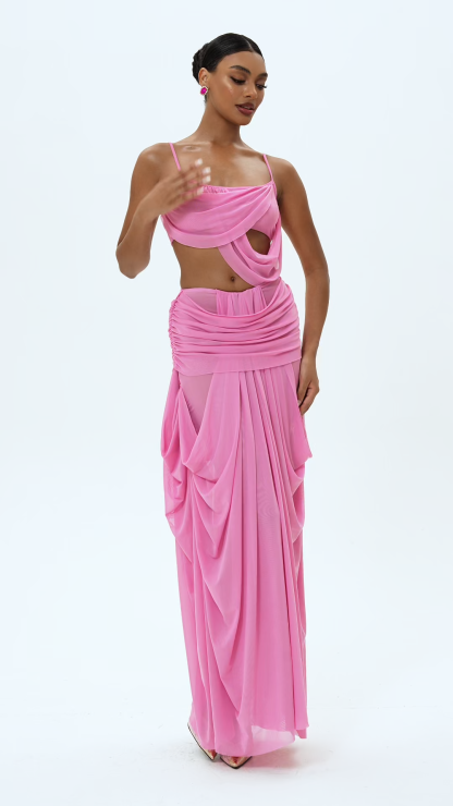 Mesh See-Through Slip Top & High Waist Maxi Skirt Set
