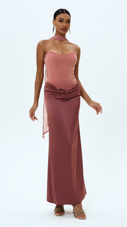 Jersey Splicing Satin Tie-Up Maxi Dress