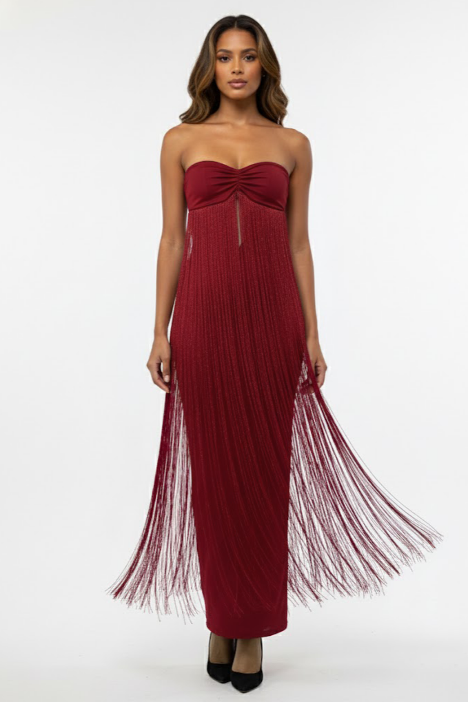 Jersey Tassel Off-Shoulder Maxi Dress