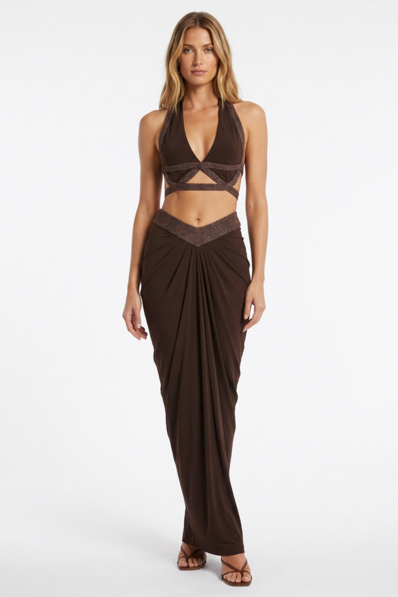 Jersey Splicing Luxury Halter Neck Top & Maxi Skirt Set