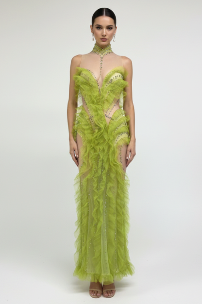 Mesh Rhinestone See-Through Maxi Dress