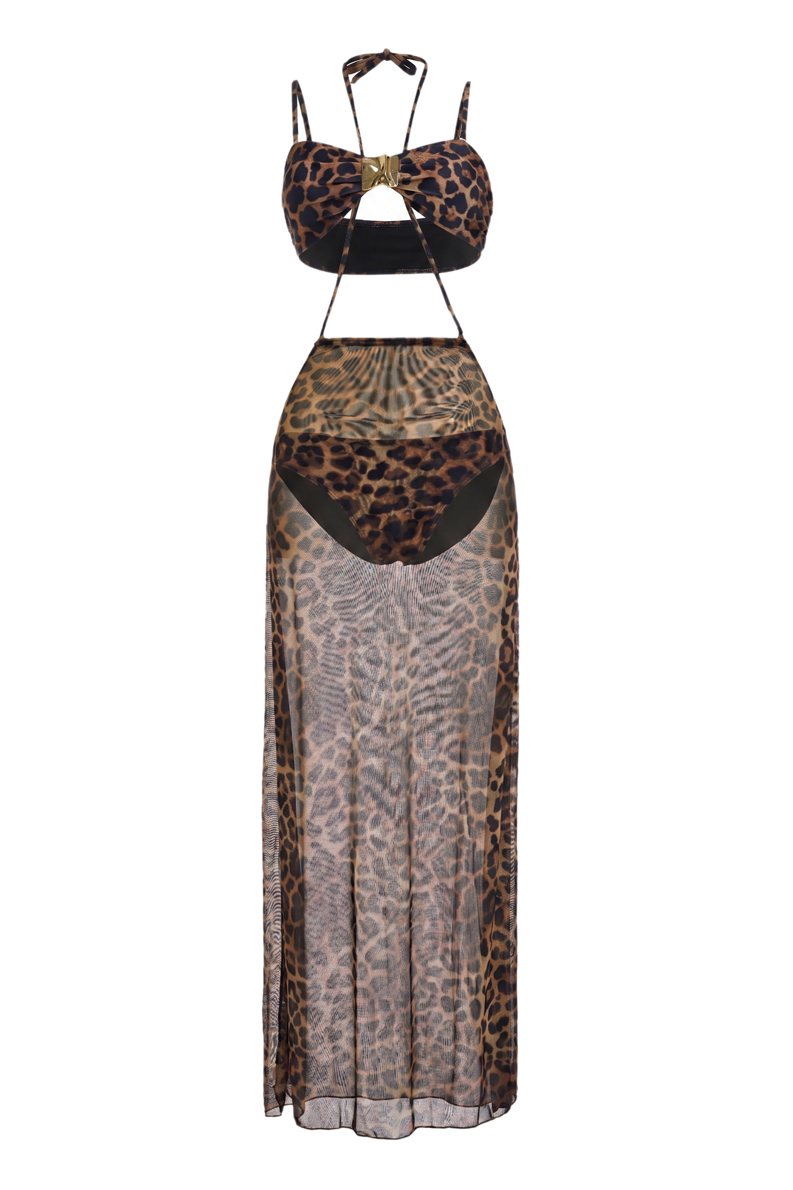 Leopard Print  Metal Decorations  Tie-Up Bikini Three Piece Set