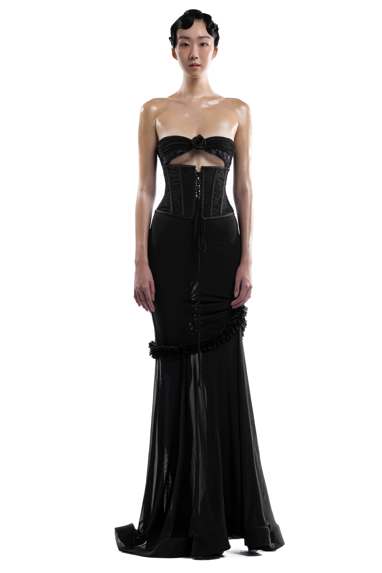 3D Flower Mesh Cut-Out Corset Maxi Dress