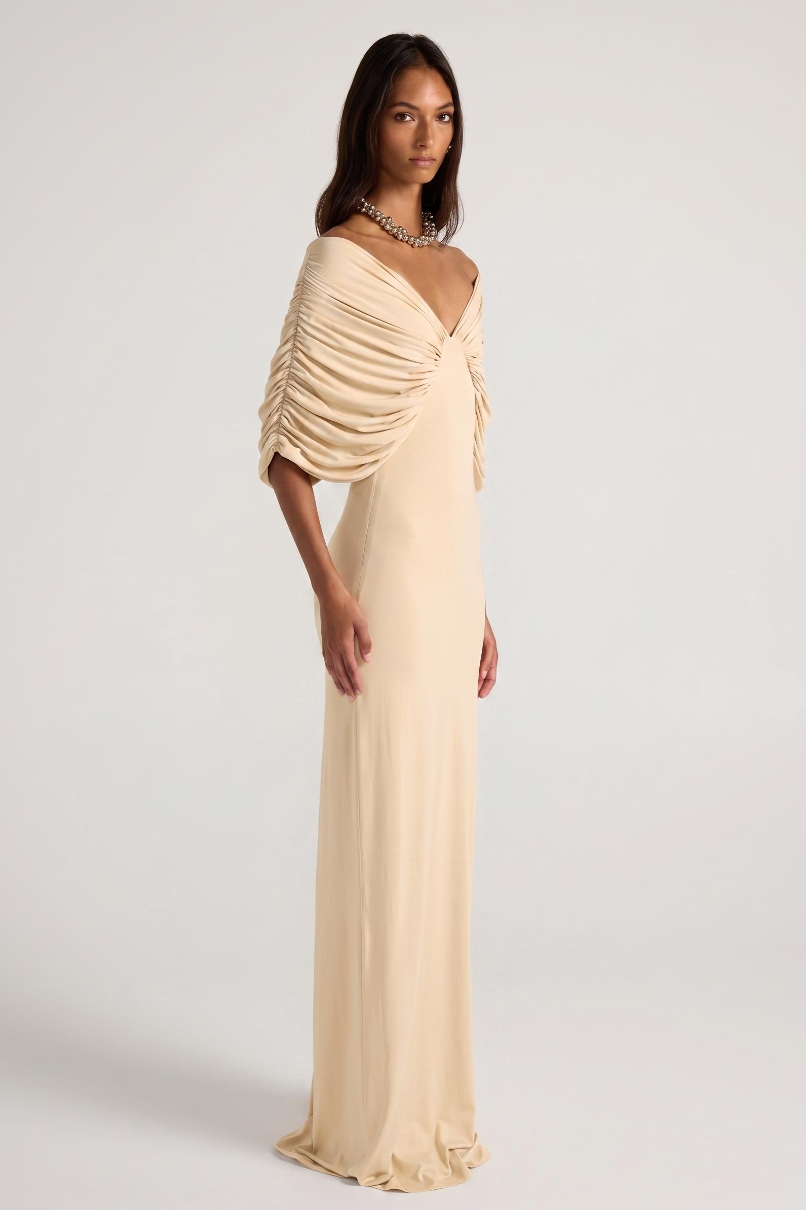 Jersey Gathering Off Shoulder Maxi Dress