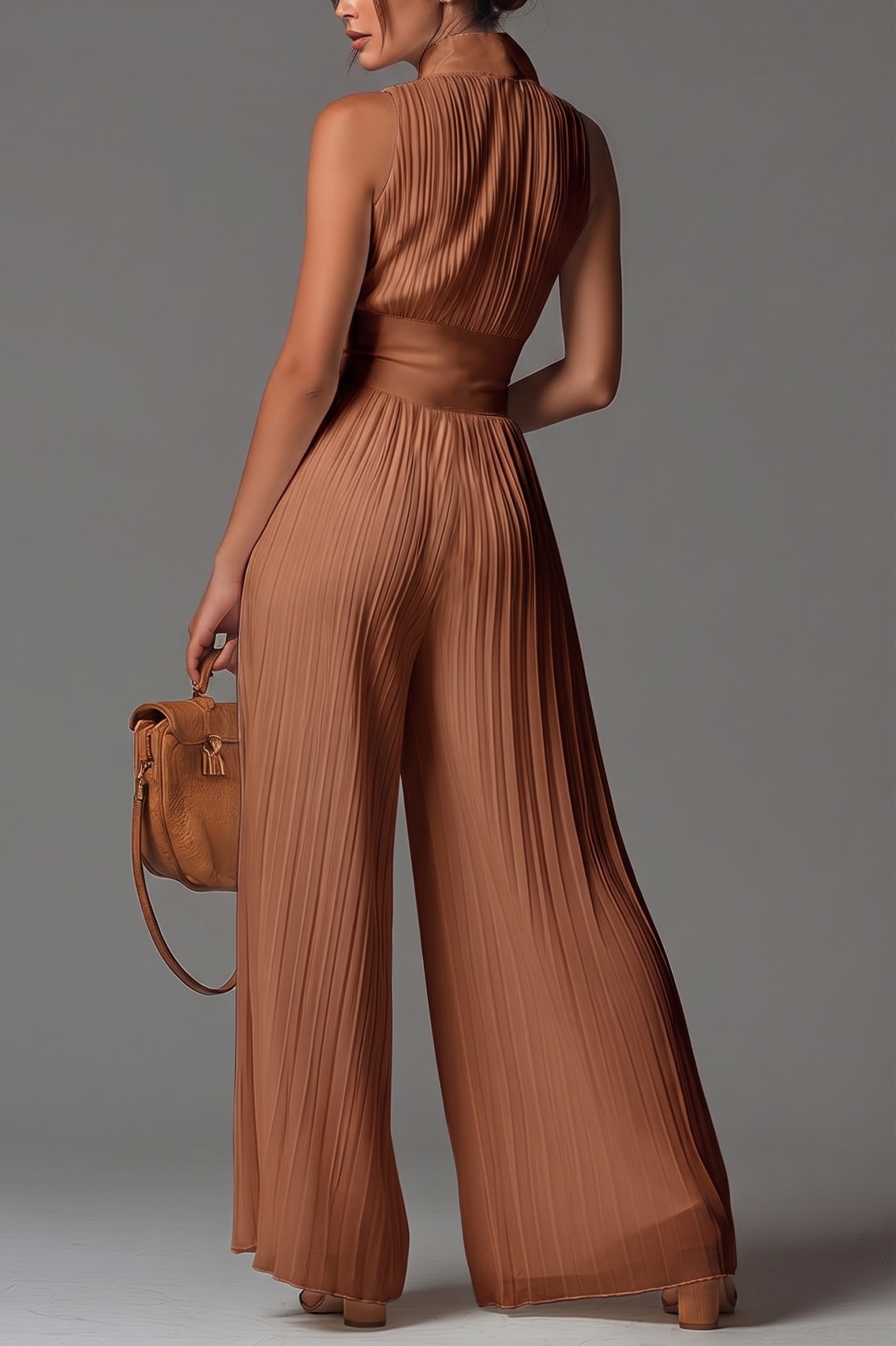 Chiffon Pleated Zip-up Wide-leg Jumpsuit