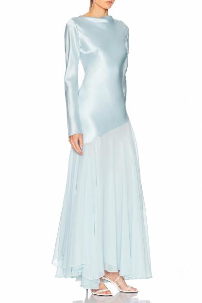Satin Splicing Chiffon Long Sleeve Maxi Dress
