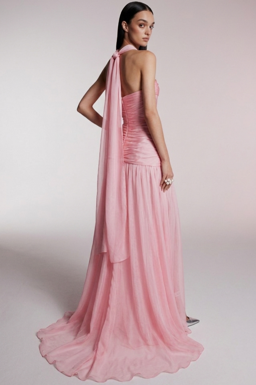 Chiffon  Pleated Off Shoulder Maxi Dress