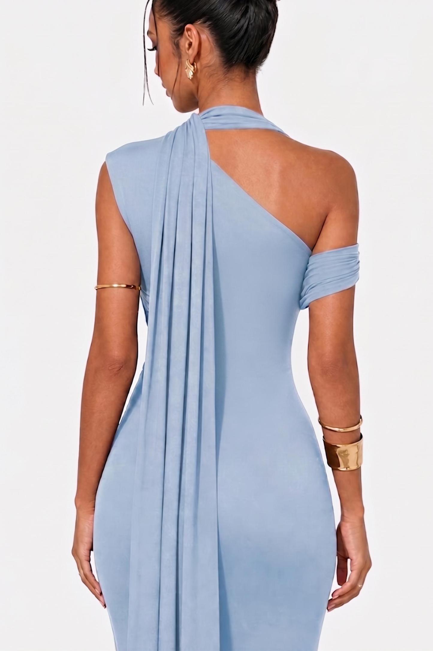 Jersey Skew Collar Ruched Maxi Dress