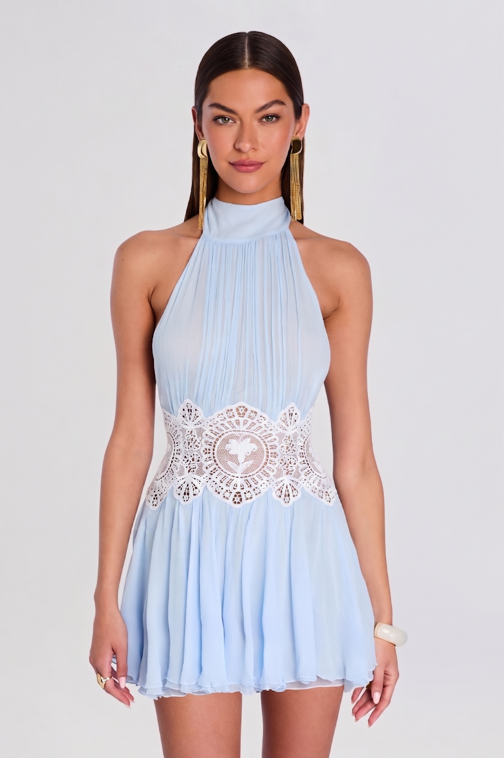 Chiffon Splicing Lace Halter Neck Mini Dress