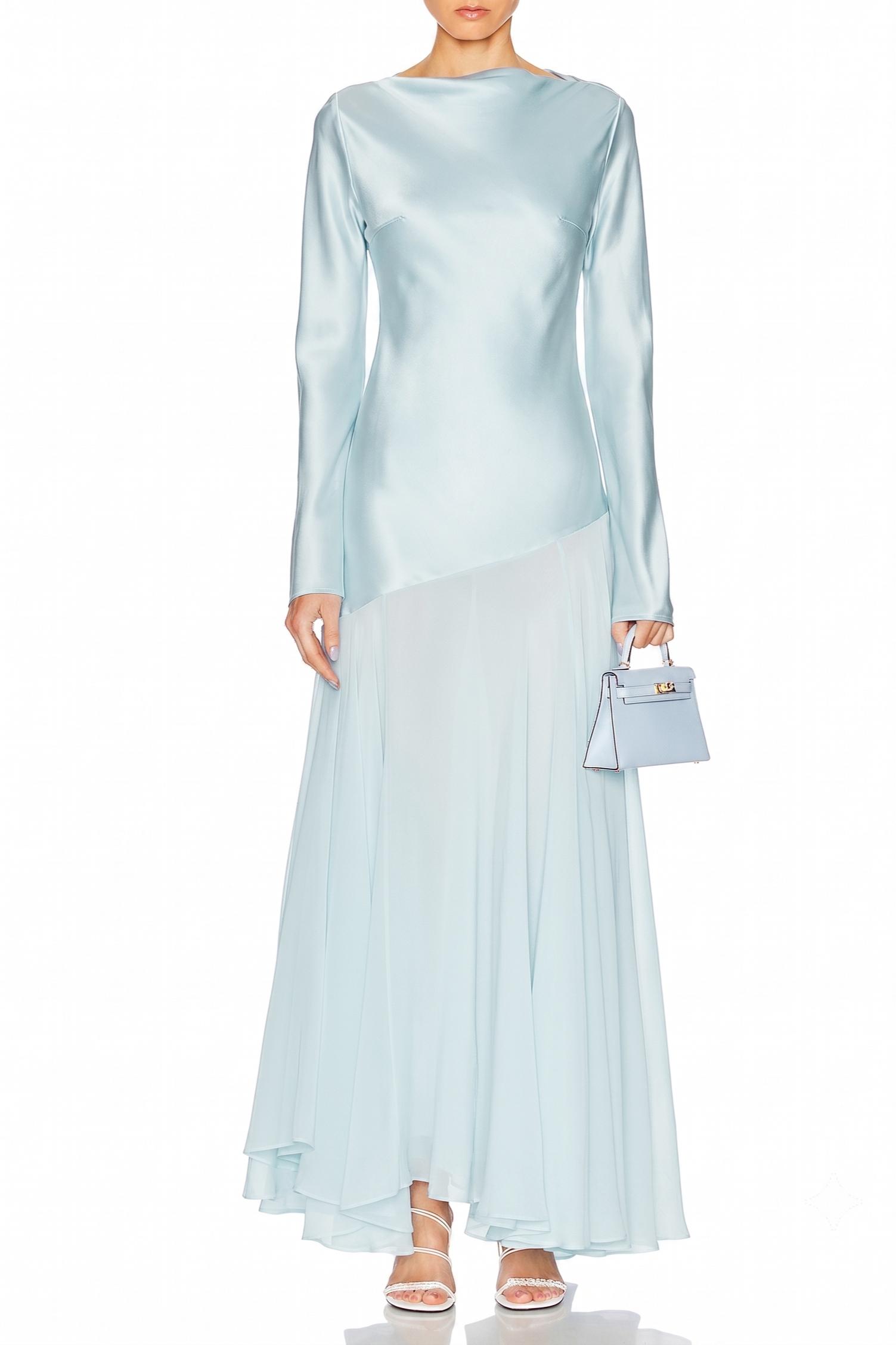 Satin Splicing Chiffon Long Sleeve Maxi Dress