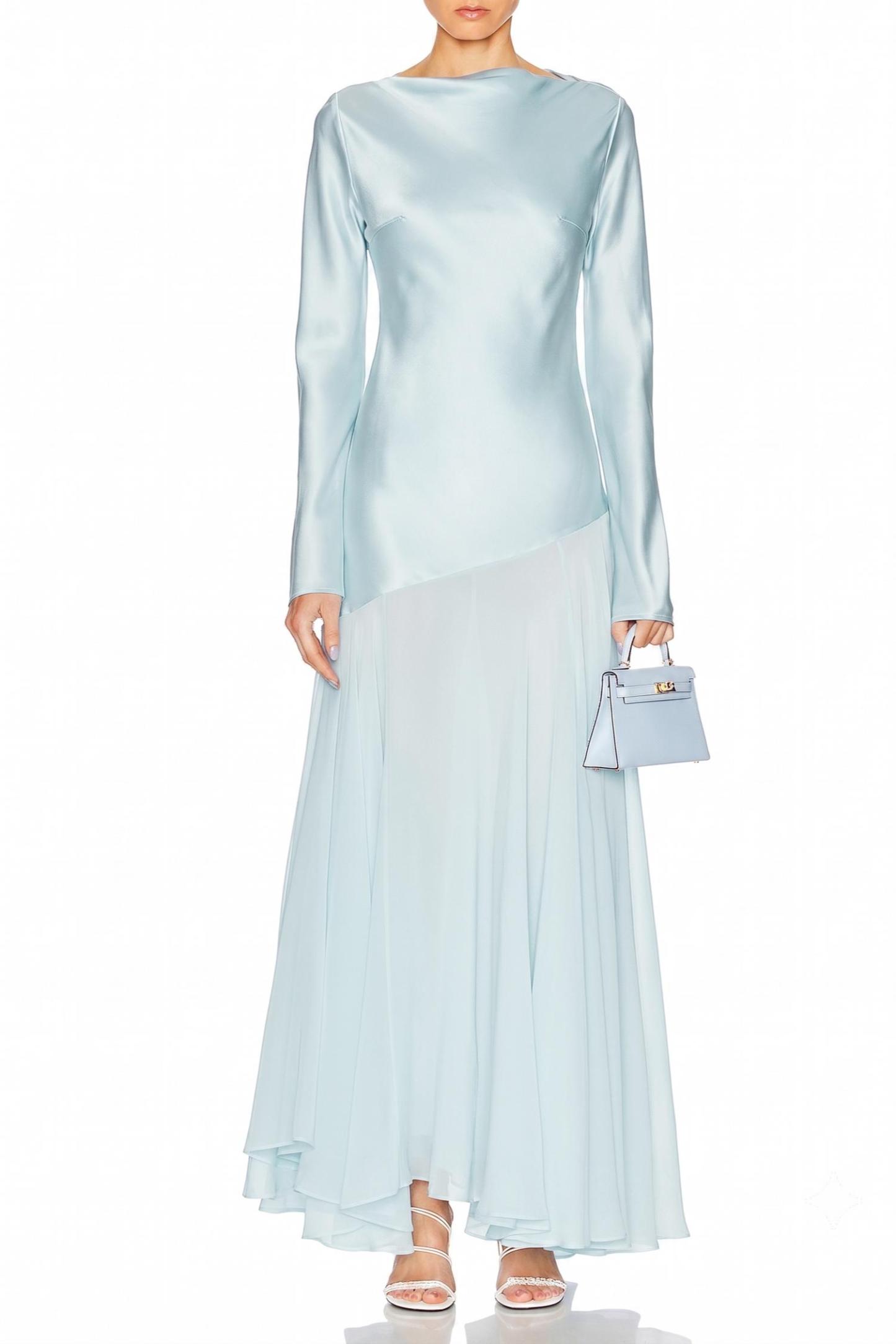 Satin Splicing Chiffon Long Sleeve Maxi Dress