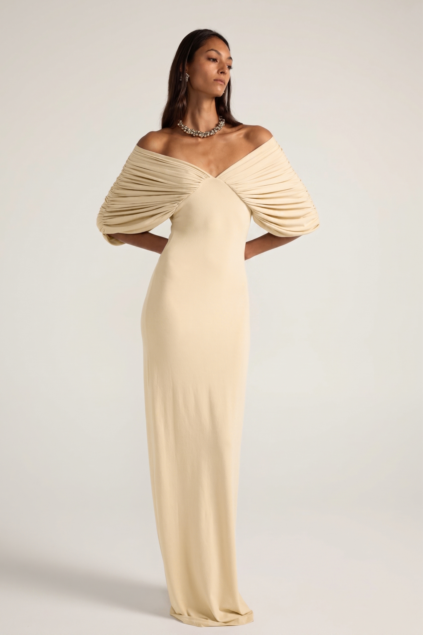 Jersey Gathering Off Shoulder Maxi Dress