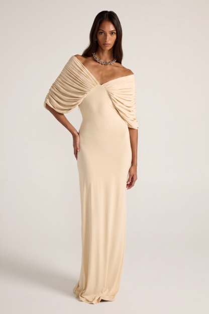 Jersey Gathering Off Shoulder Maxi Dress