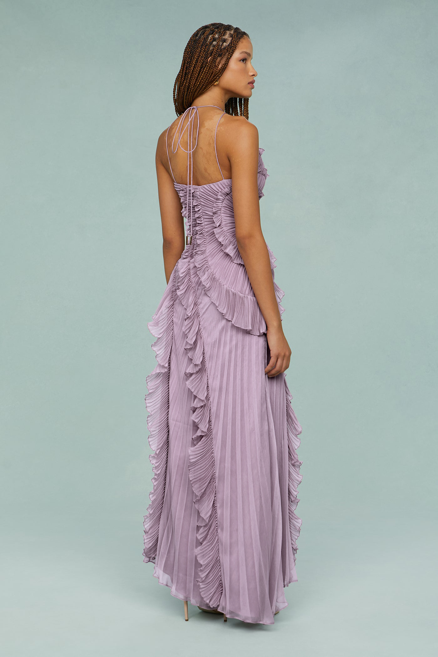 Pleated Frill Halter Neck Midi Dress