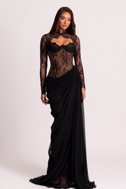Lace Splicing Mesh See-Through Long Sleeve Maxi Dress