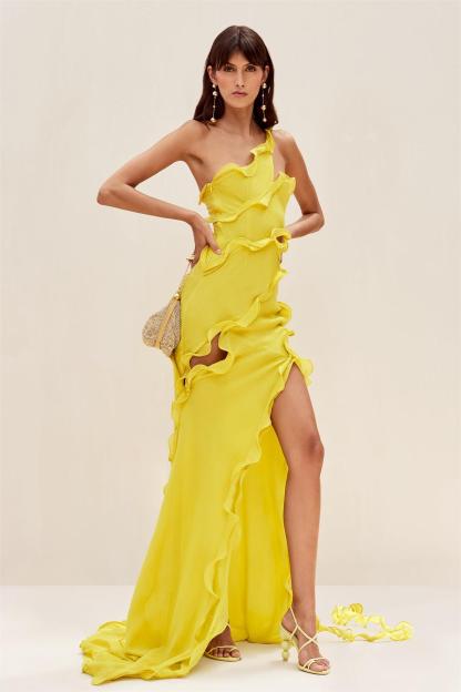 One Shoulder Ruffle Solid Maxi Dress