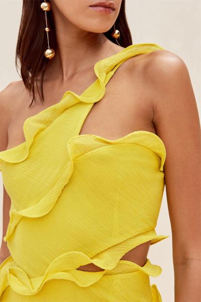 One Shoulder Ruffle Solid Maxi Dress