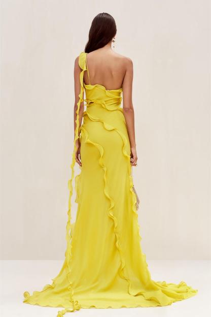 One Shoulder Ruffle Solid Maxi Dress