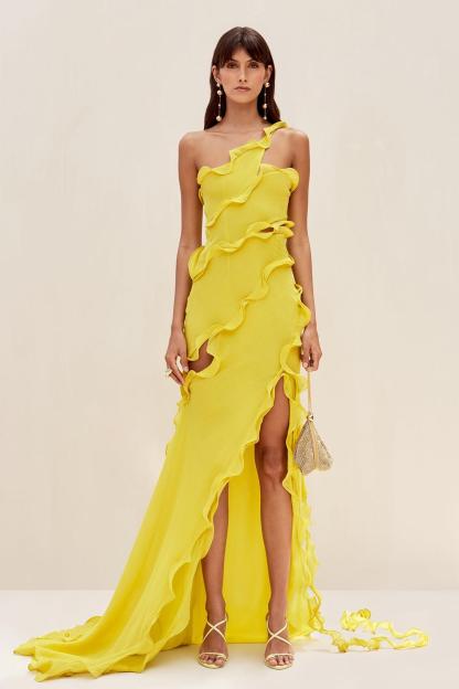 One Shoulder Ruffle Solid Maxi Dress