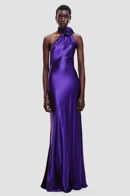 3D Flower Satin Solid Halter Neck Maxi Dress