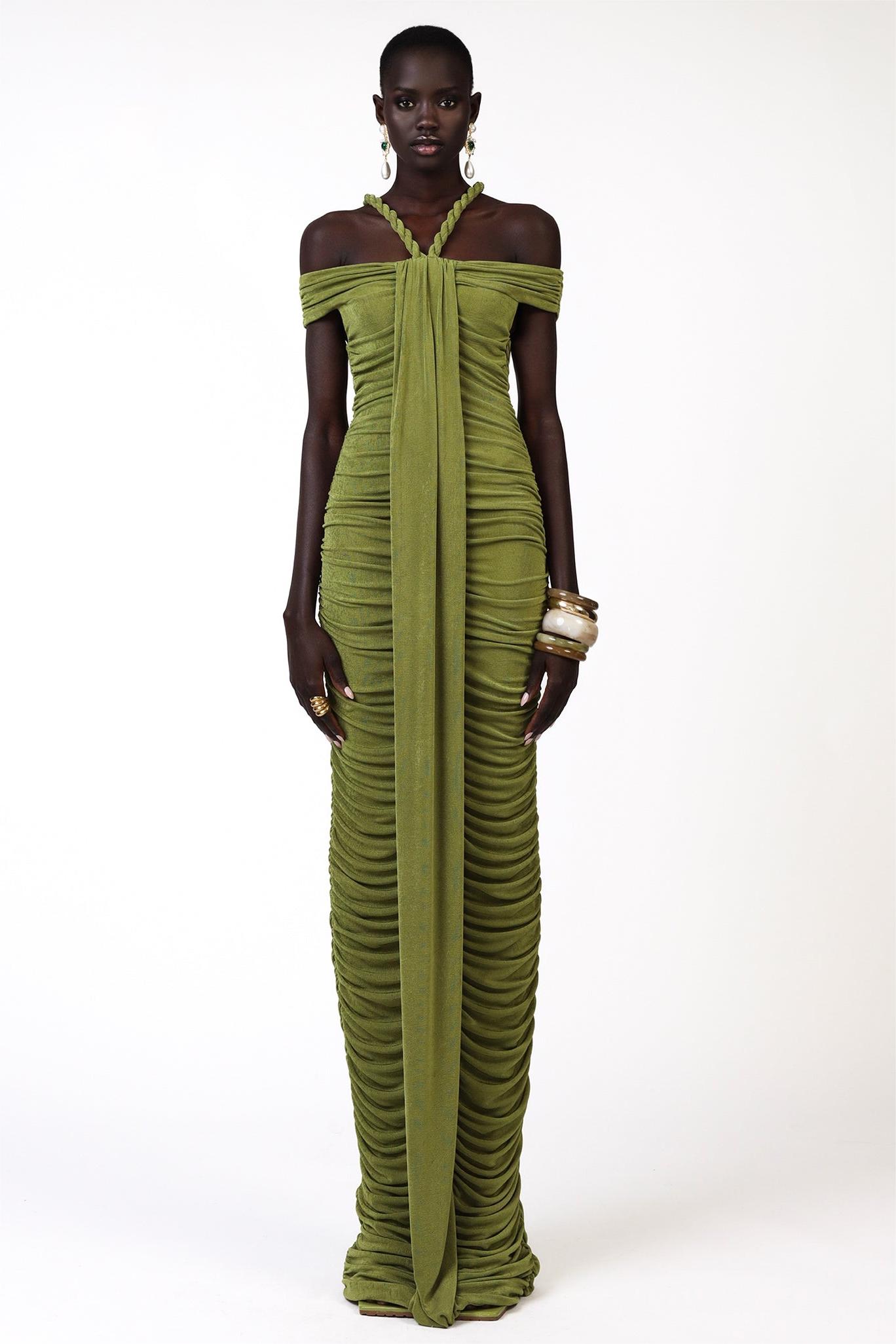 Solid Halter Neck Ruched Maxi Dress