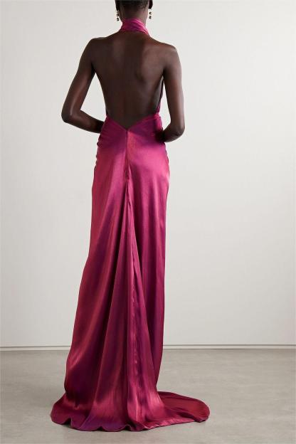 Satin Halter Neck Knotted Maxi Dress