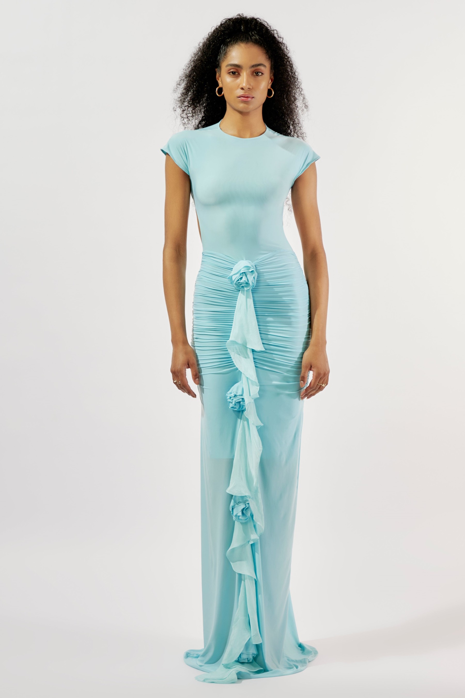 3D Flower Ruched Backless Maxi Dress